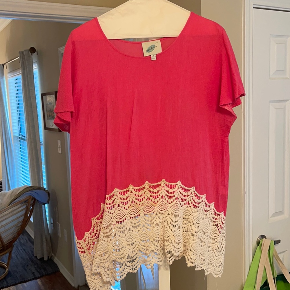 Pink with white lace blouse- XL